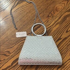 Blush Evening Silver Textured Clutch with Chain
